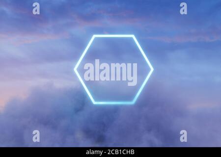 3d-Rendering von Neon Hexagon Form über flauschigen Wolken in Vor dem launischen Himmel Stockfoto