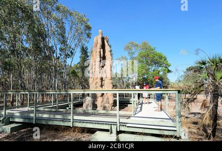 Touristen, die einen riesigen Termitenhügel in der Kathedrale betrachten, Litchfield National Park, in der Nähe von Darwin, Northern Territory, NT, Australien Stockfoto