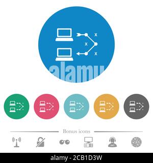 Traceroute Remote-Computer flache weiße Symbole auf runden farbigen Hintergründen. 6 Bonus-Symbole enthalten. Stock Vektor