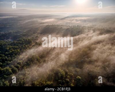 Neblige Waldhügel mit Morgennebel und Sonnenstrahlen. Tolle Waldlandschaft. Stockfoto