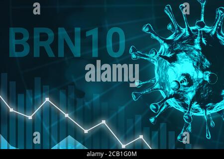 Brent Öl COVID-19 Finanzkrise Konzept , Warenkorb nach unten fallenden Aktien Marketing auf Coronavirus-Zelle Hintergrund Stockfoto