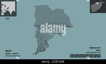 Form von Balkh, Provinz Afghanistan, und seine Hauptstadt. Entfernungsskala, Vorschauen und Beschriftungen. Farbige Höhenkarte. 3D-Rendering Stockfoto