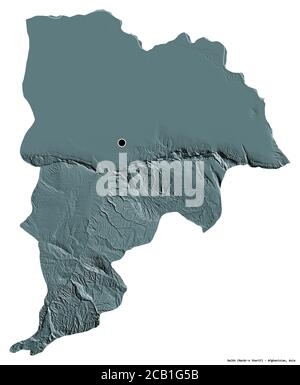 Form von Balkh, Provinz Afghanistan, mit seiner Hauptstadt isoliert auf weißem Hintergrund. Farbige Höhenkarte. 3D-Rendering Stockfoto