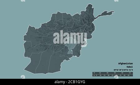 Entsättigte Form Afghanistans mit seiner Hauptstadt, der wichtigsten regionalen Teilung und dem abgetrennten Ghazni-Gebiet. Beschriftungen. Farbige Höhenkarte. 3D-Rendering Stockfoto