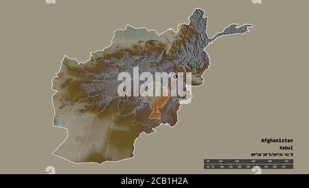 Entsättigte Form Afghanistans mit seiner Hauptstadt, der wichtigsten regionalen Teilung und dem abgetrennten Ghazni-Gebiet. Beschriftungen. Topografische Reliefkarte. 3D-Rendering Stockfoto