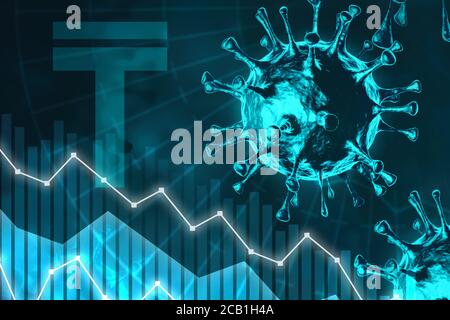 Kasachische Tenge COVID-19 Finanzkrise Konzept, Cart down fallen Aktienmarketing auf Coronavirus-Zelle Hintergrund Stockfoto