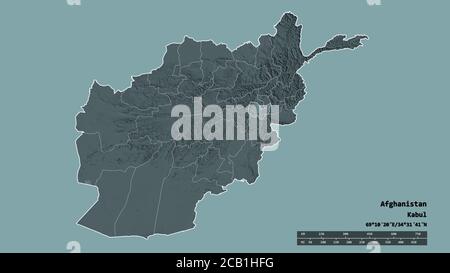 Entsättigte Form Afghanistans mit seiner Hauptstadt, der wichtigsten regionalen Teilung und dem abgetrennten Kabul-Gebiet. Beschriftungen. Farbige Höhenkarte. 3D-Rendering Stockfoto