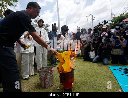 Bangkok, Thailand. August 2020. Ein Protestler, der demonstration.protesters eine Verspottung der thailändischen Verfassung verbrannte, ging auf die Straße und forderte den Rücktritt der Regierung und die Auflösung des parlaments. Die Organisatoren gaben drei Forderungen heraus: Die Auflösung des parlaments, ein Ende der Schikanen gegen Regierungskritiker und Änderungen der vom Militär geschriebenen Verfassung, die Kritiker praktisch garantierten Sieg für Prayuths Partei bei den Wahlen im vergangenen Jahr. Kredit: SOPA Images Limited/Alamy Live Nachrichten Stockfoto