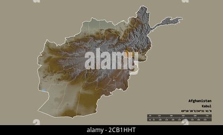 Entsättigte Form Afghanistans mit seiner Hauptstadt, der wichtigsten regionalen Teilung und dem abgetrennten Kabul-Gebiet. Beschriftungen. Topografische Reliefkarte. 3D-Rendering Stockfoto
