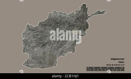 Entsättigte Form Afghanistans mit seiner Hauptstadt, der wichtigsten regionalen Teilung und dem abgetrennten Kabul-Gebiet. Beschriftungen. Satellitenbilder. 3D-Rendering Stockfoto