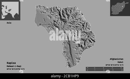 Form von Kapisa, Provinz Afghanistan, und seine Hauptstadt. Entfernungsskala, Vorschauen und Beschriftungen. Höhenkarte mit zwei Ebenen. 3D-Rendering Stockfoto