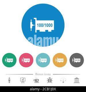 Flache weiße Symbole auf runden Farbhintergründen für Gigabit ethernet-Netzwerk-Controller. 6 Bonus-Symbole enthalten. Stock Vektor