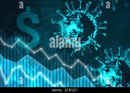 Business COVID-19 Finanzkrise Konzept , Warenkorb nach unten fallenden Aktien Marketing auf Coronavirus-Zelle Hintergrund Stockfoto