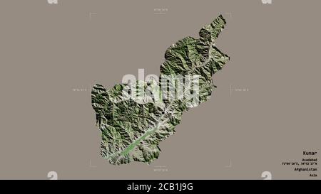 Gebiet von Kunar, Provinz Afghanistan, isoliert auf einem soliden Hintergrund in einem georeferenzierten Begrenzungsrahmen. Beschriftungen. Satellitenbilder. 3D-Rendering Stockfoto