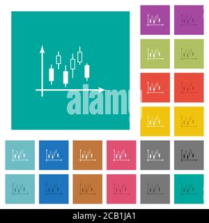 Candlestick Diagramm mit Achsen mehrfarbige flache Symbole auf einfachen quadratischen Hintergründen. Weiße und dunklere Symbolvarianten für den Hover- oder aktiven Effekt Stock Vektor