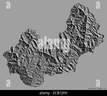 Form von Nuristan, Provinz Afghanistan, mit seiner Hauptstadt isoliert auf einem einfarbigen Hintergrund. Höhenkarte mit zwei Ebenen. 3D-Rendering Stockfoto