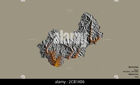 Gebiet von Nuristan, Provinz Afghanistan, isoliert auf einem soliden Hintergrund in einem georeferenzierten Begrenzungsrahmen. Beschriftungen. Topografische Reliefkarte. 3D-Renderin Stockfoto