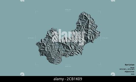 Gebiet von Nuristan, Provinz Afghanistan, isoliert auf einem soliden Hintergrund in einem georeferenzierten Begrenzungsrahmen. Beschriftungen. Farbige Höhenkarte. 3D-Rendering Stockfoto