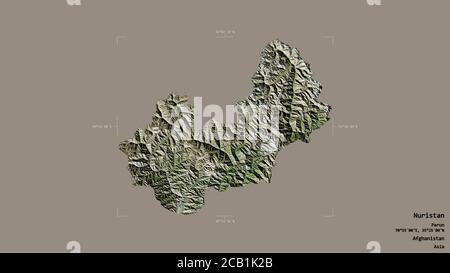 Gebiet von Nuristan, Provinz Afghanistan, isoliert auf einem soliden Hintergrund in einem georeferenzierten Begrenzungsrahmen. Beschriftungen. Satellitenbilder. 3D-Rendering Stockfoto