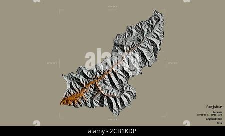 Gebiet von Panjshir, Provinz Afghanistan, isoliert auf einem soliden Hintergrund in einem georeferenzierten Begrenzungsrahmen. Beschriftungen. Topografische Reliefkarte. 3D-Renderin Stockfoto