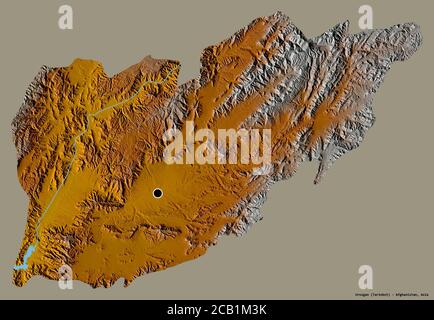 Form von Urozgan, Provinz Afghanistan, mit seiner Hauptstadt isoliert auf einem einfarbigen Hintergrund. Topografische Reliefkarte. 3D-Rendering Stockfoto