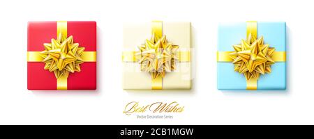 Set von Geschenkboxen mit goldenen und roten Schleifen und Bändern isoliert auf weißem Hintergrund Stock Vektor