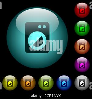 Waschmaschinen-Symbole in farbig beleuchteten Kugelglastasten auf schwarzem Hintergrund. Kann für schwarze oder dunkle Vorlagen verwendet werden Stock Vektor