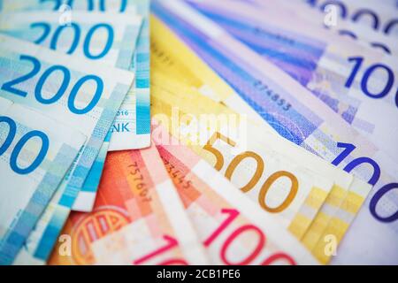 Nahaufnahme Von Verschiedenen Denomination Der Norwegischen Krone National Currency Banknotes. Stockfoto