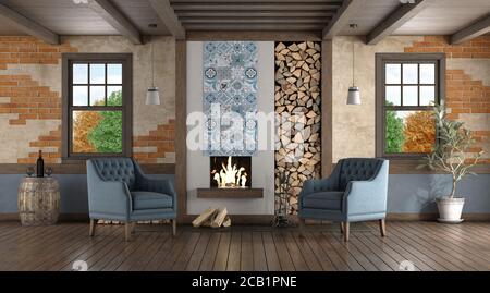 Rustikales Zimmer mit altem Kamin und zwei klassischen Sesseln - 3d-Rendering Stockfoto