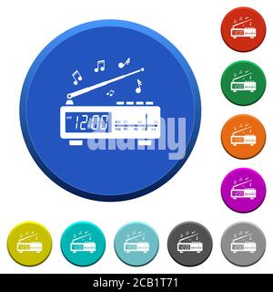 Vintage-Radiowecker mit Musik rund Farbe abgeschrägten Tasten mit Glatte Oberflächen und flache weiße Symbole Stock Vektor