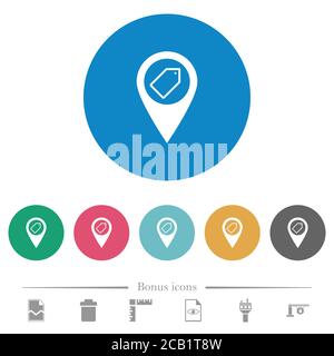 Kennzeichnung GPS-Kartenposition flache weiße Symbole auf runden farbigen Hintergründen. 6 Bonus-Symbole enthalten. Stock Vektor