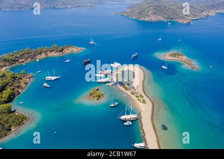 Luftaufnahme der Yassıca Inseln von Gocek Fethiye Türkei.