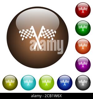 Zwei weiße Symbole mit karierten Fahnen auf runden farbigen Glasknöpfen Stock Vektor