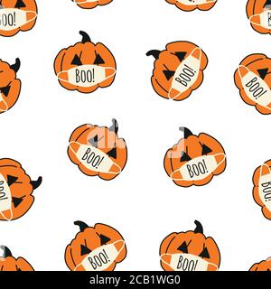 Corona Halloween Kürbis Nahtloses Vektor-Muster. Kürbisse tragen Gesichtsmasken. Covid 19 Virus Halloween Hintergrund. Für Halloween 2020 Dekoration Stock Vektor