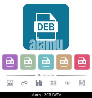 DEB-Dateiformat weiße flache Symbole auf farbigen abgerundeten quadratischen Hintergründen. 6 Bonus-Symbole enthalten Stock Vektor