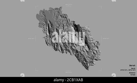 Gebiet von Berat, Grafschaft Albanien, isoliert auf einem soliden Hintergrund in einem georeferenzierten Begrenzungsrahmen. Beschriftungen. Höhenkarte mit zwei Ebenen. 3D-Rendering Stockfoto