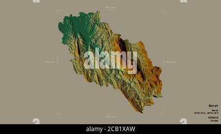 Gebiet von Berat, Grafschaft Albanien, isoliert auf einem soliden Hintergrund in einem georeferenzierten Begrenzungsrahmen. Beschriftungen. Topografische Reliefkarte. 3D-Rendering Stockfoto