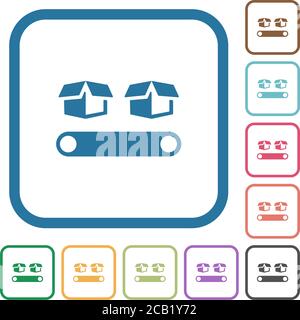 Förderband mit Boxen Einfache Symbole in farbigen abgerundeten quadratischen Rahmen Auf weißem Hintergrund Stock Vektor