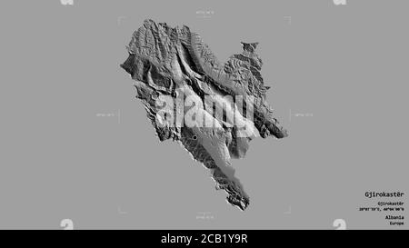 Gebiet von Gjirokastër, Grafschaft Albanien, isoliert auf einem soliden Hintergrund in einem georeferenzierten Begrenzungsrahmen. Beschriftungen. Höhenkarte mit zwei Ebenen. 3D-Rendering Stockfoto