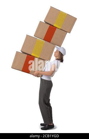 Lieferung Frau mit Haufen von großen Boxen isoliert auf weißem Hintergrund. Stockfoto