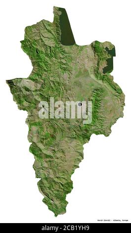 Form von Korçë, Grafschaft Albanien, mit seiner Hauptstadt isoliert auf weißem Hintergrund. Satellitenbilder. 3D-Rendering Stockfoto