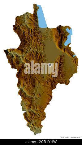 Form von Korçë, Grafschaft Albanien, mit seiner Hauptstadt isoliert auf weißem Hintergrund. Topografische Reliefkarte. 3D-Rendering Stockfoto