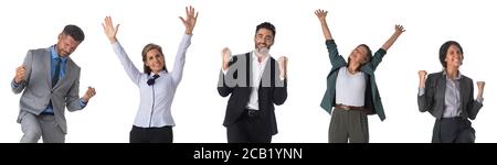 Erfolgreiche angeregte Geschäftsleute Gruppe Team, junge Geschäftsleute stehen zusammen Lächeln halten Faust ok ja Geste mit erhobenen Händen Arme, Studio ist Stockfoto