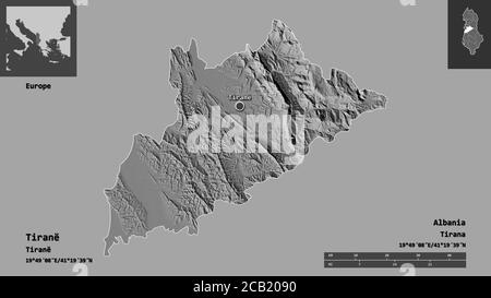 Form von Tiranë, Grafschaft Albanien, und seine Hauptstadt. Entfernungsskala, Vorschauen und Beschriftungen. Höhenkarte mit zwei Ebenen. 3D-Rendering Stockfoto