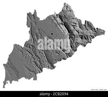 Form von Tiranë, Grafschaft Albanien, mit seiner Hauptstadt isoliert auf weißem Hintergrund. Höhenkarte mit zwei Ebenen. 3D-Rendering Stockfoto