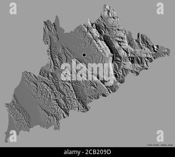 Form von Tiranë, Grafschaft Albanien, mit seiner Hauptstadt isoliert auf einem einfarbigen Hintergrund. Höhenkarte mit zwei Ebenen. 3D-Rendering Stockfoto