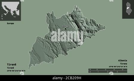 Form von Tiranë, Grafschaft Albanien, und seine Hauptstadt. Entfernungsskala, Vorschauen und Beschriftungen. Farbige Höhenkarte. 3D-Rendering Stockfoto