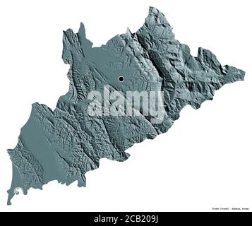 Form von Tiranë, Grafschaft Albanien, mit seiner Hauptstadt isoliert auf weißem Hintergrund. Farbige Höhenkarte. 3D-Rendering Stockfoto