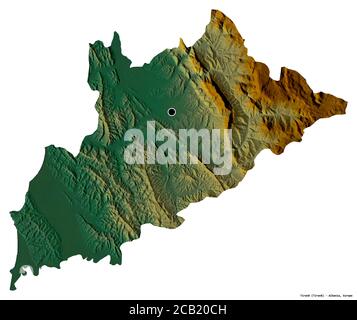 Form von Tiranë, Grafschaft Albanien, mit seiner Hauptstadt isoliert auf weißem Hintergrund. Topografische Reliefkarte. 3D-Rendering Stockfoto