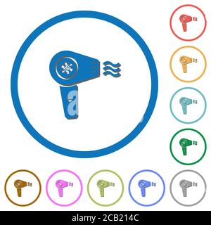 Haartrockner mit Propeller flache Farbe Vektor-Symbole mit Schatten in Runde Umrisse auf weißem Hintergrund Stock Vektor